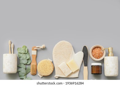 Set Of Bath Accessories On Color Background