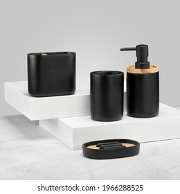 Set Of Bath Accessories On Grey Background