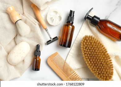 Set Of Bath Accessories And Shaving Tools For Men Skin Care. Flat Lay, Top View. SPA Natural Organic Cosmetic Products, Eco-friendly Bathroom Items.