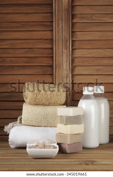 Set Bath Accessory Wooden Bathroom Stock Photo Edit Now 345019661