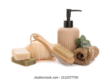 Set Of Bath Supplies With Soap Bars On White Background