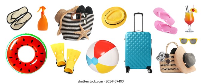 Set with beach ball and other accessories on white background. Banner design