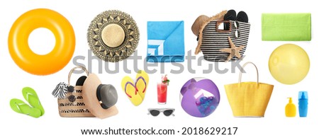 Set with beach balls and other accessories on white background. Banner design