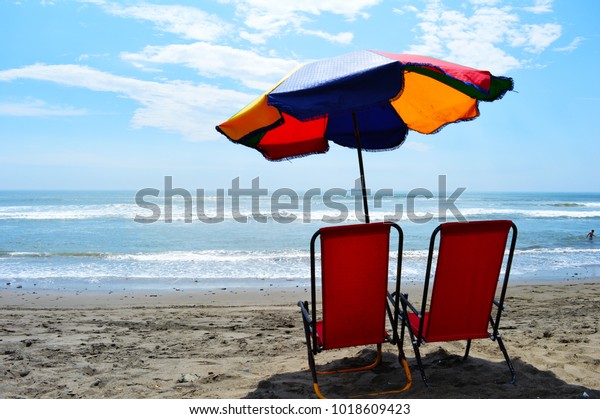 Set Beach Chairs Colorful Umbrella Beautiful Stock Photo Edit Now