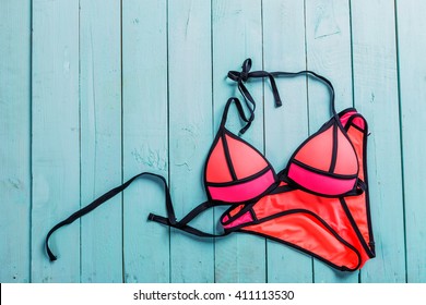 Set of beach clothes. Pink bikini