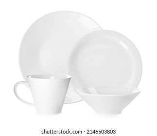 Set Of Beautiful Ceramic Dinnerware On White Background