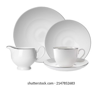 Set Of Beautiful Ceramic Dinnerware On White Background