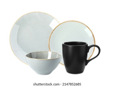 Set Of Beautiful Ceramic Dinnerware On White Background