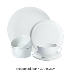 Set Of Beautiful Ceramic Dinnerware On White Background