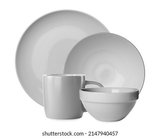 Set Of Beautiful Ceramic Dinnerware On White Background