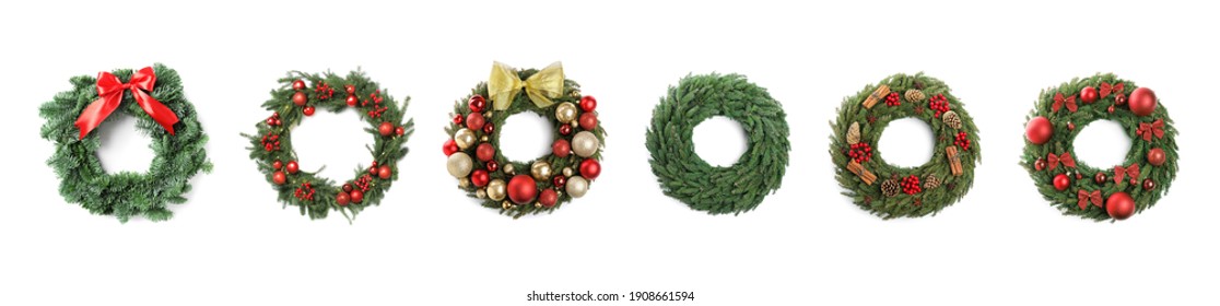 Set with beautiful Christmas wreaths on white background, banner design