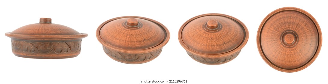 Set of beautiful clay pots with lid isolated on white background.