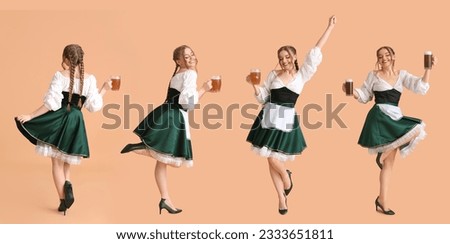 Set of beautiful dancing Octoberfest waitress with beer on beige background Foto stock © 