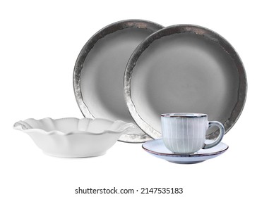 Set Of Beautiful Elegant Dinnerware On White Background