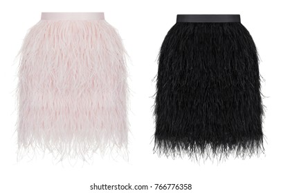 Set Of Beautiful Fashion Short Ostrich Feather Skirts, Pink And Black, Blank, Layout, Clipping, Isolated On White Background