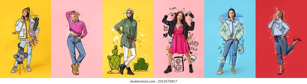 Set of beautiful fashionable women in drawn clothes on color background