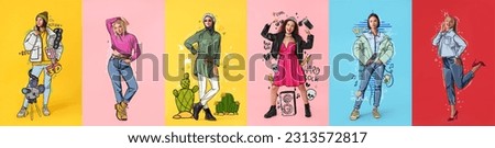 Set of beautiful fashionable women in drawn clothes on color background