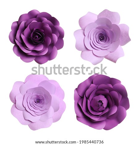 Set with beautiful flowers made of paper on white background, top view 