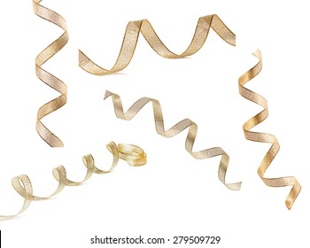 Set Of Beautiful Glitter Gold Ribbon Tape Curl Isolated On White Background