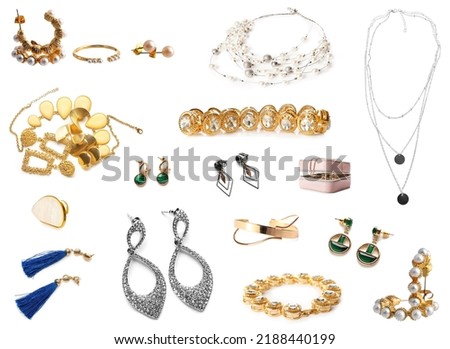 Set of beautiful jewelry on white background