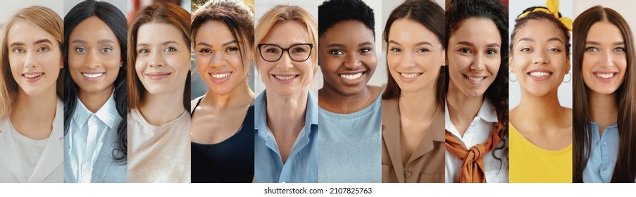Set of beautiful multiracial young ladies portraits, panorama. Collection of attractive international millennial women smiling at camera, collage. International female society concept - Shutterstock ID 2107825763