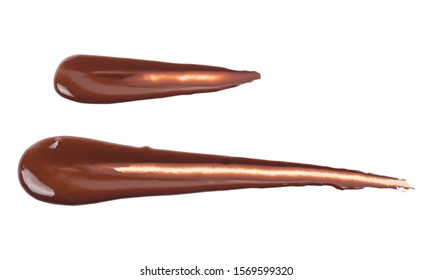 Set Is A Beautiful Neat Chocolate Smear Of Dark Chocolate For Presentation In A Top View. Chocolate Sauce, Ganache Isolated On A White Background.