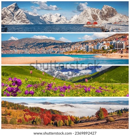 Set of beautiful panoramic views of the four seasons. Stunning landscapes of high mountains, foggy countryside, blooming valley, sea coast and colorful buildings of the city arranged in a square.