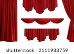 Set with beautiful red curtains on white background 