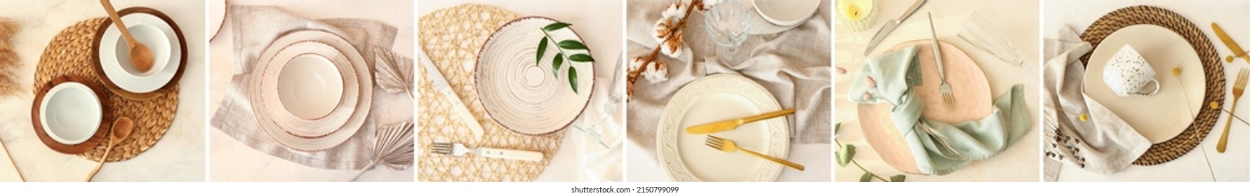 Set Of Beautiful Table Settings On Light Background, Top View