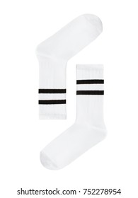 Set, Beautiful White Long Sports Socks With Black Stripes, Isolated On White Background, Clipping, Layout