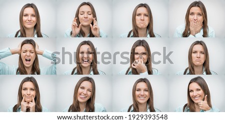 Set of beautiful woman showing several different facial emotions or expressions and gestures isolated on gray background. Collage of human emotions