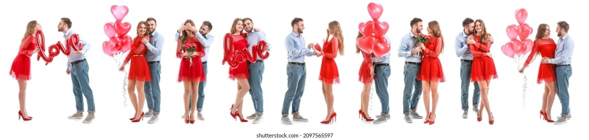 Set Of Beautiful Young Couple Celebrating Valentines Day On White Background