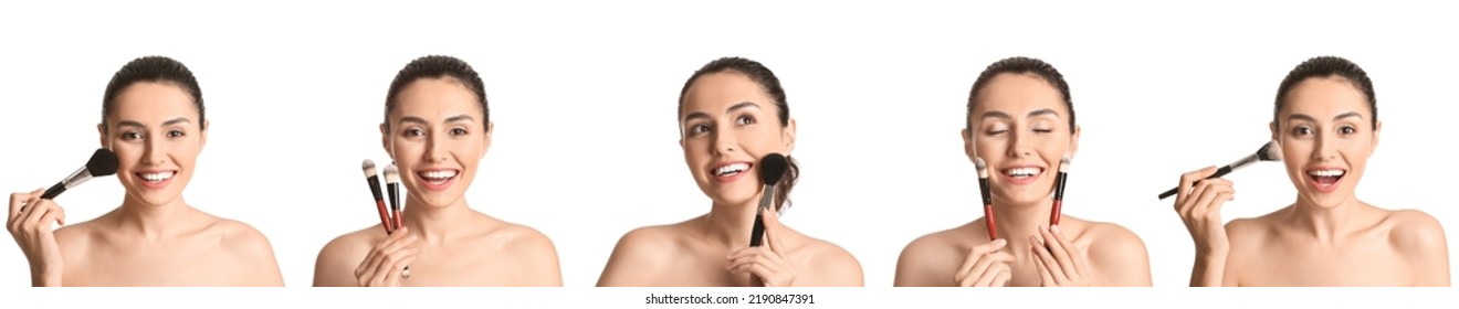 Set Of Beautiful Young Woman With Makeup Brushes On White Background