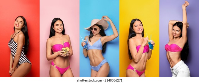 Set of beautiful young woman in swimsuits on colorful background