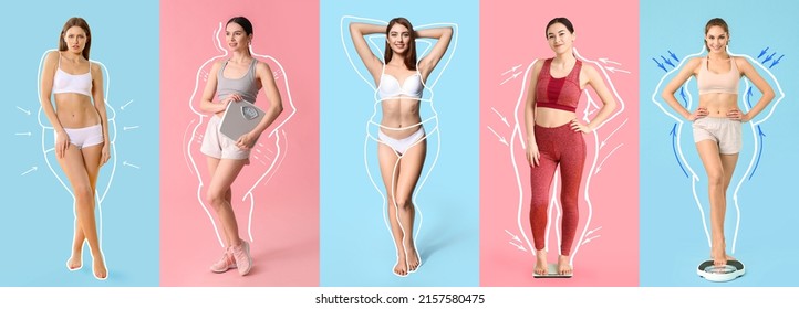 Set of beautiful young women after weight loss on colorful background - Shutterstock ID 2157580475