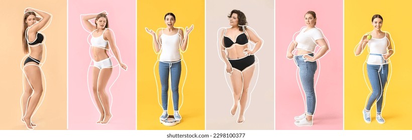 Set beautiful young women after weight loss colorful background