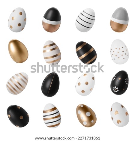 Set of beautifully decorated Easter eggs on white background