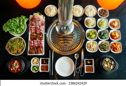 Set of beef ready for grill on stove serve with vegetable,soup and rice and slide dish, Korean style barbecue. 