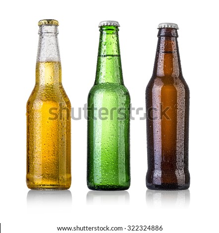 set of Beer bottles with water drops on white background.Five separate photos merged together.