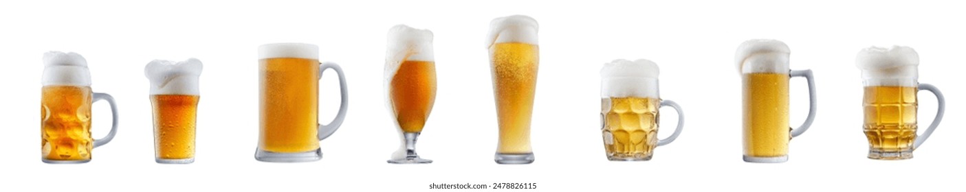 Set of beer cocktails with foam in different glasses and mugs isolated on white background.