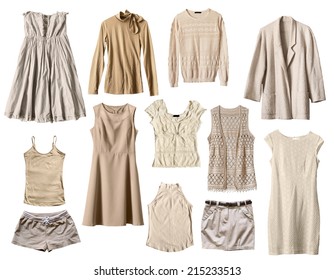 Set Of Beige Female Clothes Isolated Over White