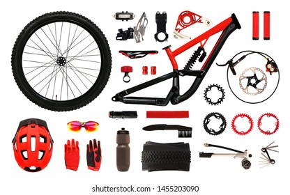 Set Of Bicycle Accessories And Equipment Isolated On White Background. Flat Lay Of Bike Parts And Instruments