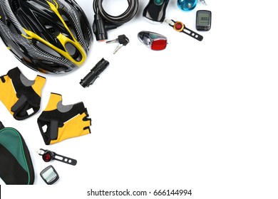 Set Of Bicycle Accessories On White Background