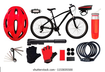 Set Of Bicycle With Cycling Equipment And Tools Isolated On White Background