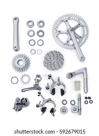 Set Of Bicycle Spare Parts On White Background