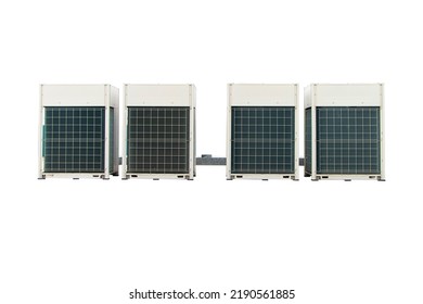 Set of big air conditioner compressor source heat pumps on the wall outdoor on the roof top of the building. It is used in large industrial buildings for cooling. Isolated on white background. - Shutterstock ID 2190561885