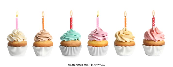 Set with birthday cupcakes and burning candles on white background