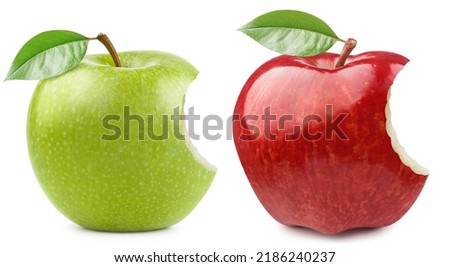 Set of bitten green and red apples, isolated on white background
