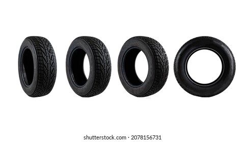 Set Of Black Car Tires Lined Up Horizontally On White Background