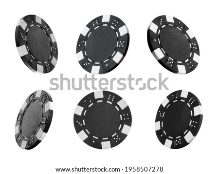 Set with black casino chips on white background